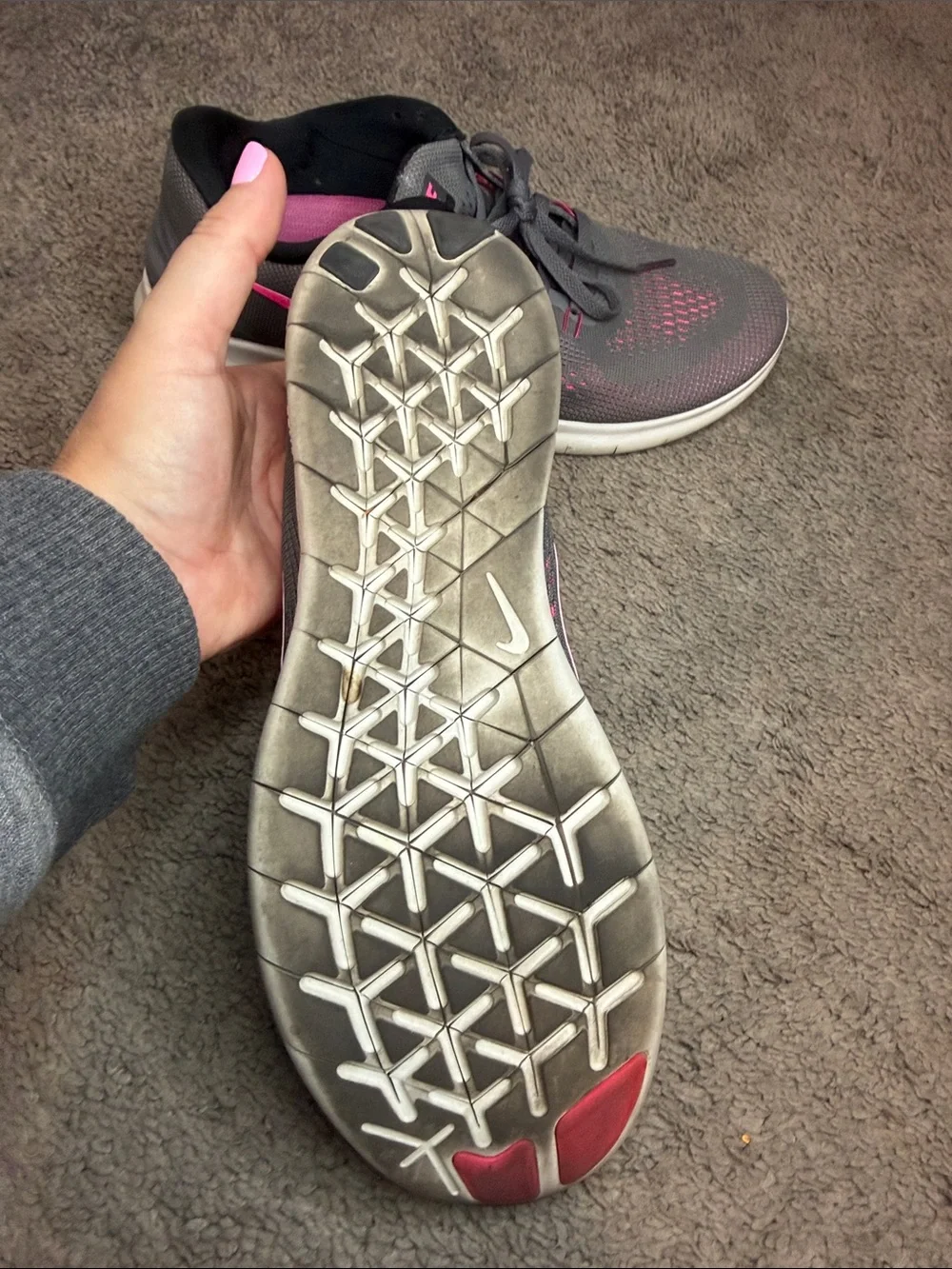 Nike Gray Athletic Sneakers with Pink Swoosh
